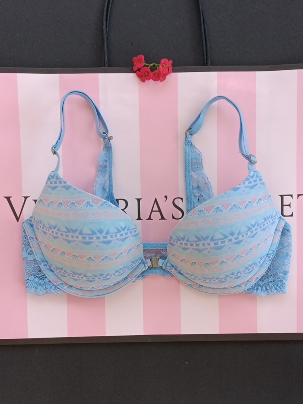 Light Blue Patterned Lace Push-Up Bra - Women Intimates Size 32B